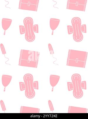 Vector seamless pattern of pink hand drawn doodle sketch menstrual pad tampon and cup isolated on white background Stock Vector