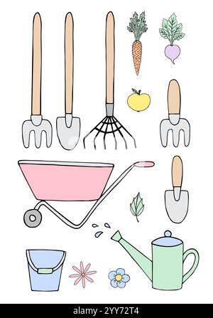 Vector set bundle of pastel colored hand drawn doodle sketch gardening equipment isolated on white background Stock Vector