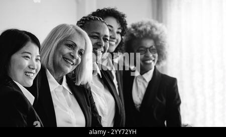 Multi Generation business women having fun together at work inside bank office. Finance, teamwork and corporate concept. Black and white editing Stock Photo