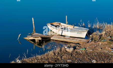 Old fishing boat on the shore. Polluted environment and water Stock Photo