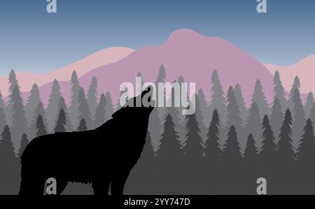 Vector colored howling wolf silhouette in flat landscape with spruce tree forest and mountains Stock Vector