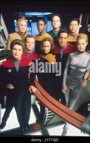 December 11, 2024, Hollywood, California, USA: RELEASE DATE:1995 TITLE:Star Trek Voyager STUDIO: Paramount Pictures PLOT: Set in the 24th century, when Earth is part of a United Federation of Planets, it follows the adventures of the Starfleet vessel USS Voyager as it attempts to return home to the Alpha Quadrant after being stranded in the Delta Quadrant on the far side of the galaxy. STARRING: (foreground, l to r): Kate Mulgrew, Robert Duncan McNeill, Roxann Dawson, Robert Beltran, Jeri Ryan (rear, l to r): Ethan Phillips, Tim Russ, Robert Picardo, Garrett Wang. (Credit Image: © Paramount St Stock Photo