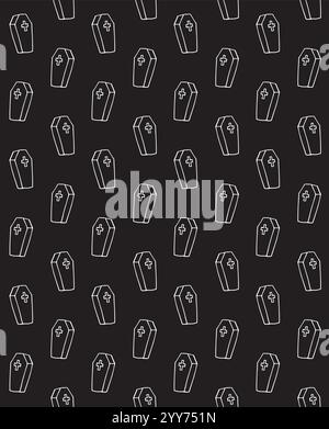 Vector seamless pattern of hand drawn doodle sketch black coffin isolated on black background Stock Vector