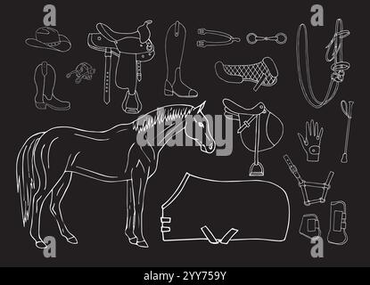 Vector set bundle of white hand drawn doodle sketch horse riding equestrian equipment isolated on black background Stock Vector