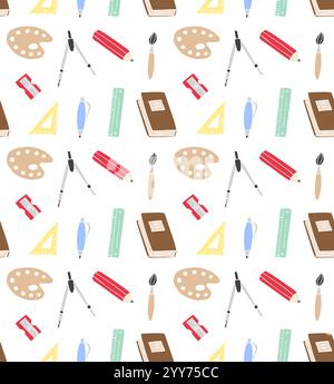 Vector seamless pattern of different color hand drawn doodle sketch school office chancellery on white background Stock Vector