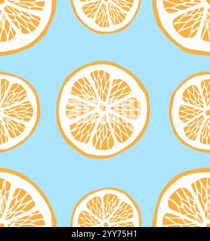 Vector seamless pattern of hand drawn doodle sketch orange slices isolated on blue background Stock Vector