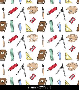 Vector seamless pattern of colored hand drawn doodle sketch school office chancellery on white background Stock Vector