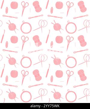 Vector seamless pattern of pink hand drawn doodle sketch sew embroidery and knitting equipment silhouette isolated on white background Stock Vector