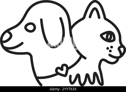 Dog and cat muzzles in profiles, black line sign, editable stroke, simple vector monochrome pictogram, outline illustration Stock Vector