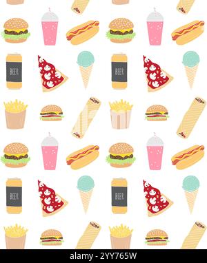 Vector seamless pattern of different colored hand drawn doodle sketch fast food isolated on white background Stock Vector