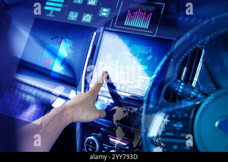 Modern smart car technology intelligent system using Heads up display (HUD) Autonomous self driving mode vehicle on city road with graphic sensor rada Stock Photo