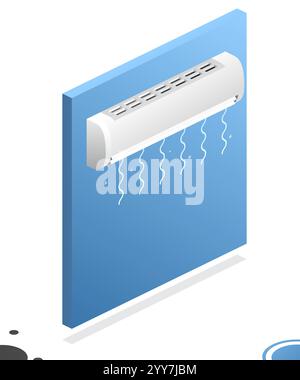 Isometric wall mounted air conditioner with flows of cold air. Controlling temperature and climate in room. Vector illustration. Stock Vector