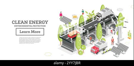 Clean energy and environmental protection. Bridge with trucks passing over it. Solar panels on the car's roofs. Electric vehicles. Wind turbines. Stock Vector