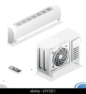 Air Conditioning System. Isometric Concept. Outdoor Unit with Indoor and Remote Controller. Household Equipment for Cooling, Cleaning and Heating Air. Stock Vector