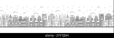 Seamless pattern with Outline Dhaka Bangladesh City Skyline with Historic Buildings Isolated on White. Vector Illustration. Dhaka Cityscape. Stock Vector