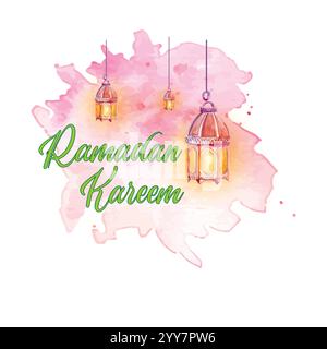 Ramadan Kareem watercolor illustration, Islamic Ramadan Kareem greetings vector Stock Vector
