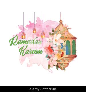Ramadan Kareem watercolor illustration, Islamic Ramadan Kareem greetings vector Stock Vector