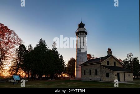 Cana Island Lighthouse sits bathed in sunrise laight, Cana Island, Door County, Wisconsin Stock Photo