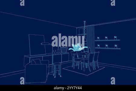 A set of furniture and decor contour to create a living room interior with a workplace. Stock Vector