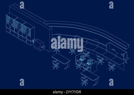 office work area contour drawing, Modern design, isometric view. vector illustration Stock Vector