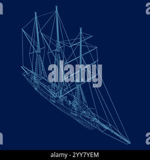 Sailing ship contour vintage vector illustration design, retro marine. Isometric view Stock Vector