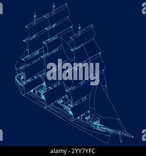 Sailing ship contour vintage vector illustration design, retro marine. Isometric view Stock Vector