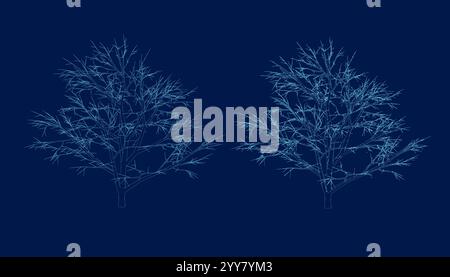 Minimal style cad tree line drawing Vector illustration in stroke fill in blue, set of graphics trees elements outline symbol for landscape design dra Stock Vector