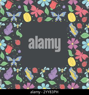 Spring floral frame with butterflies, bees and ladybugs. Seamless flowers background Stock Vector