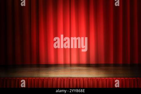 Background with empty stage for indoor performance with red velvet curtains and wooden platform illuminated with spotlight and various decorations in Stock Photo