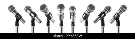 Various views of silver metallic professional microphone with stand and microphone clip isolated on white background. Stock Photo