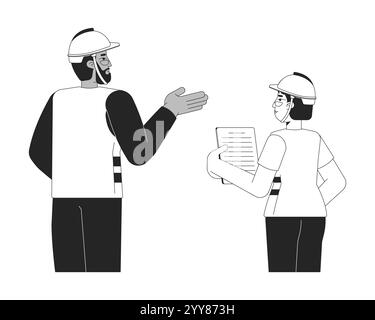 Diverse construction workers discussing black and white 2D line characters Stock Vector