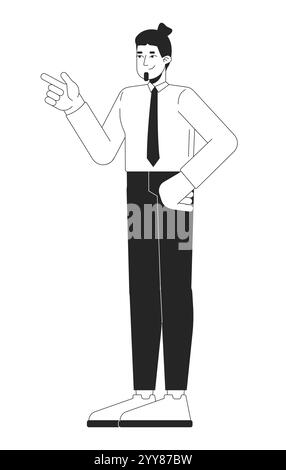 Confident suit tie business man gesture pointing finger black and white 2D line character Stock Vector