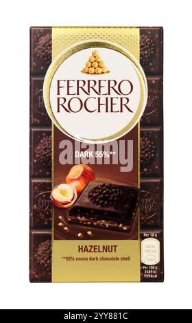 Ferrero Rocher dark chocolate bar with hazelnuts and cocoa filling Stock Photo