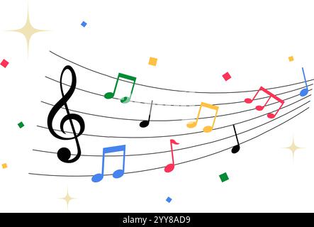 Musical Notes And Staff With Stars In Flat Vector Illustration Symbolizing Music, Art, And Creativity, Isolated On White Background Stock Vector