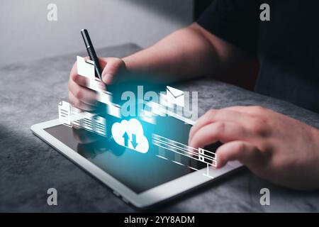 Database storage cloud technology file data transfer. Woman use digital tablet for upload backup cloud drive. Stock Photo