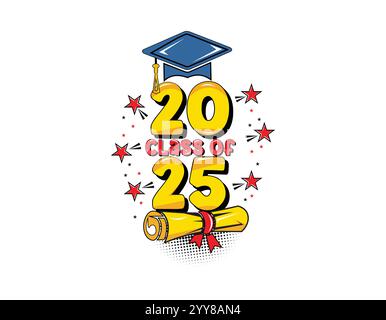 2025 class graduate header. Decorate congratulations for school graduates in comic cartoon style. Vector on transparent background Stock Vector