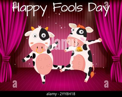 Two cows are dancing on stage in front of a curtain. The curtain is pink and the stage is red. The cows are wearing bell necklaces. Playful April Fool Stock Vector