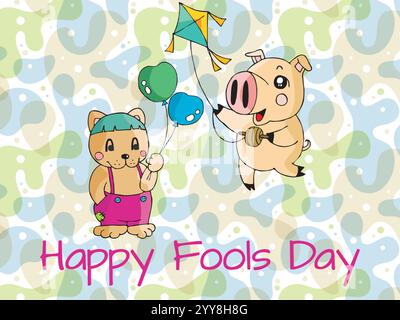 Pig and a cat are having fun flying a kite on a colorful background. The image is titled "Happy Fools Day". Playful April Fools Day Humour Happiness J Stock Vector
