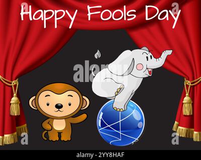 Monkey and an elephant are performing a circus act on a blue ball. The image is titled "Happy Fools Day". Playful April Fools Day Humour Happiness Joy Stock Vector