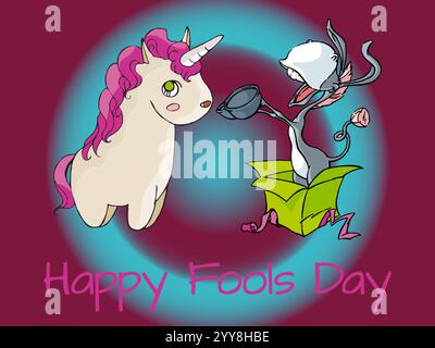 Cartoon of a unicorn and donkey on a purple background with the words Happy Fools Day. The unicorn is holding a pan. Playful April Fools Day Humour Ha Stock Vector
