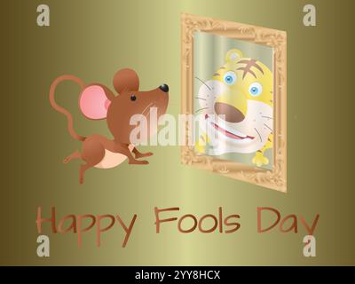 Mouse is looking at a tiger in a mirror. The image is for Happy Fools Day. Playful April Fools Day Humour Happiness Joy Bizarre Event Clip Art Stock Vector