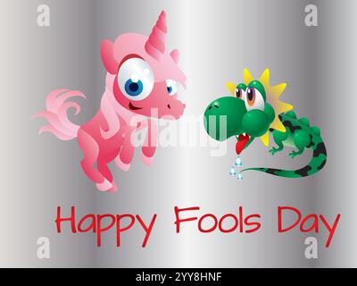 Cartoon of a pink unicorn and a green lizard with a mouth open. The cartoon is titled Happy Fools Day. Playful April Fools Day Humour Happiness Joy Bi Stock Vector