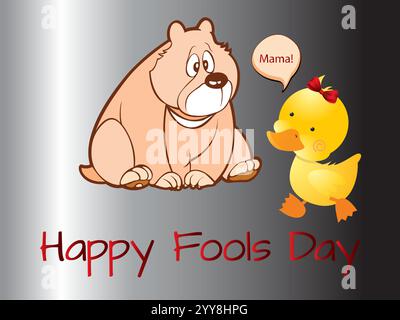 Cartoon of a bear and a duck with the words Happy Fools Day written below. The bear is looking sad and the duck is looking happy. Playful April Fools Stock Vector