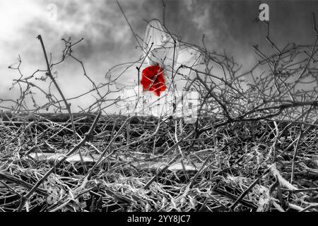 Abstract - Bright Red Flower Contrasting Grayscale Surroundings Stock Photo