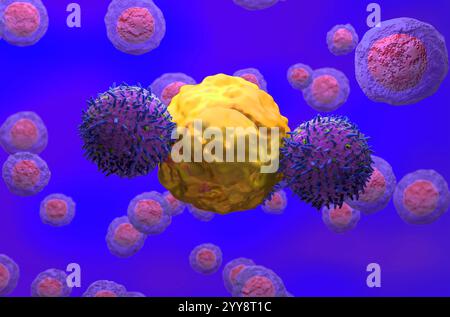 CAR T-cells attack cancer cell - isometric view 3d illustration Stock Photo