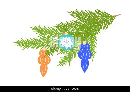 Fir branch with new years christmas decoration toys balls and icicles, Christmas design element, isolated on white background. Vector illustration Stock Vector