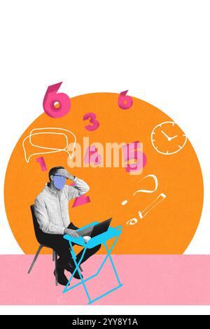 Thoughtful man working on laptop surrounded by floating numbers and clock symbols, symbolizing time management and financial calculations. Stock Photo