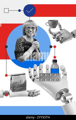 Smiling elderly woman surrounded by robotic hands holding objects like coffee cup and medical supplies. Technological assistance in daily life. Stock Photo