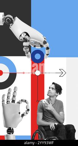 Man in wheelchair looks at robotic, symbolizing partnership between humans and robotics in innovative solutions. Conceptual design. Stock Photo