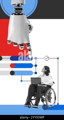 Robotic hand points at man in wheelchair works on laptop, showcasing inclusive technology solutions. Conceptual design. Stock Photo